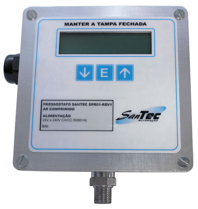 Pressostato de ar comprimido Santec SPR01-R1 com display digital, utilizado em sistemas pneumáticos e de…