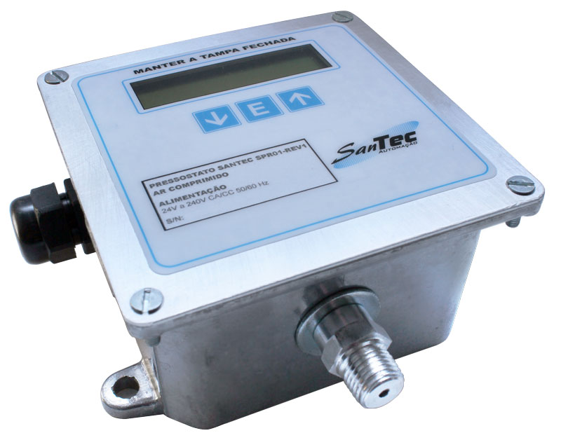 Pressostato de ar comprimido Santec SPR01-R1, equipamento para controle de pressão em sistemas pneumáticos e de exaustão.