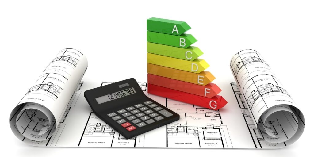 Gráficos de eficiência energética, calculadora e plantas industriais, simbolizando automação e controle em projetos.