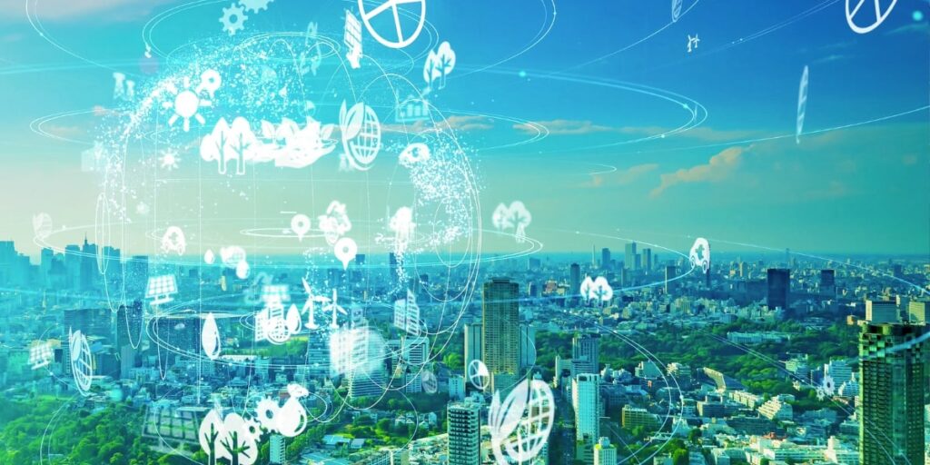 Imagem de uma cidade com ícones de automação industrial, representando sistemas de controle e sustentabilidade.
