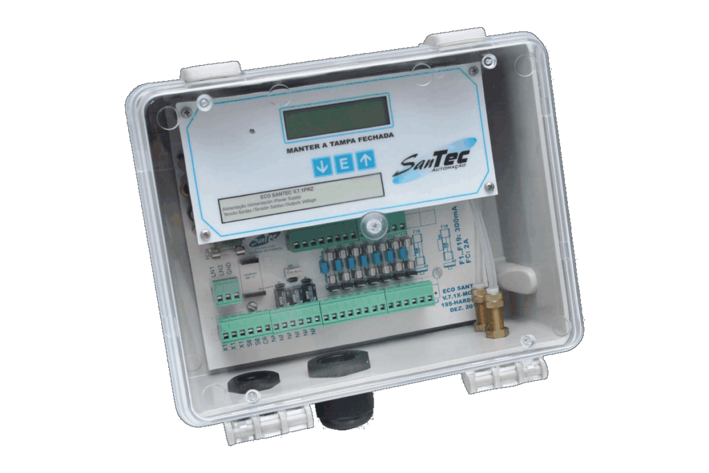 Controlador ECO Santec V.7x para limpeza de filtros, com display e conexões para automação industrial…