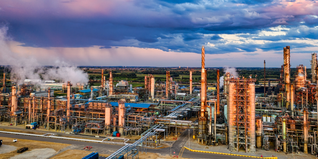 Vista panorâmica de planta industrial com torres, tubulações e sistemas de exaustão, destacando a automação e controle.