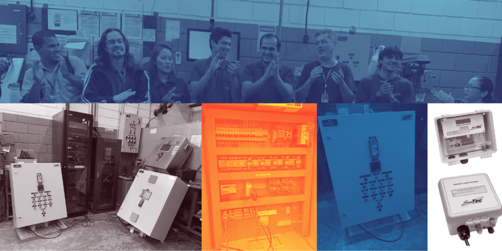 Equipe de automação industrial em ambiente de trabalho, com painéis de controle e equipamentos de&hellip;