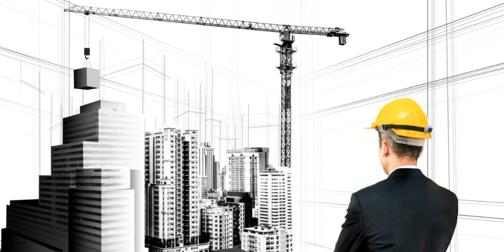 Engenheiro observando obra com guindaste, representando automação industrial na construção civil e sistemas de controle.