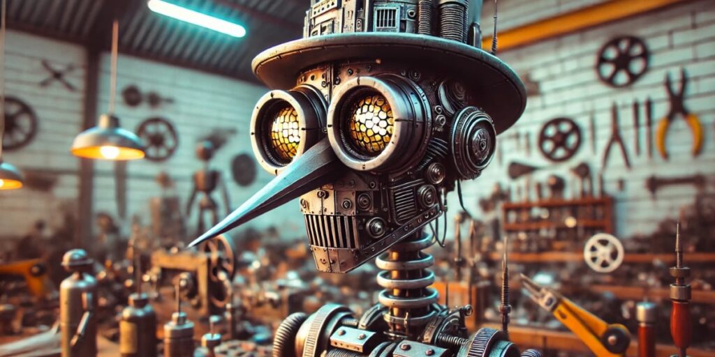 Robô de metal com detalhes industriais em oficina, simbolizando automação e controle de sistemas pneumáticos.