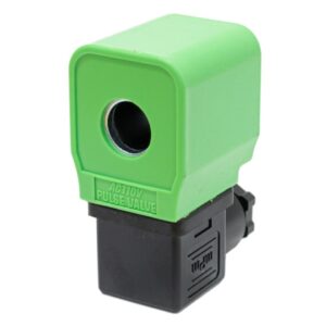 Bobina solenoide verde para válvula de engate rápido SVEG-R1, ideal para sistemas pneumáticos na automação industrial.