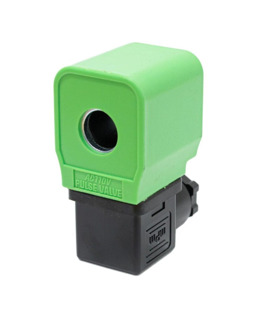 Bobina solenoide verde para válvula de engate rápido SVEG-R1, ideal para sistemas pneumáticos na automação industrial.