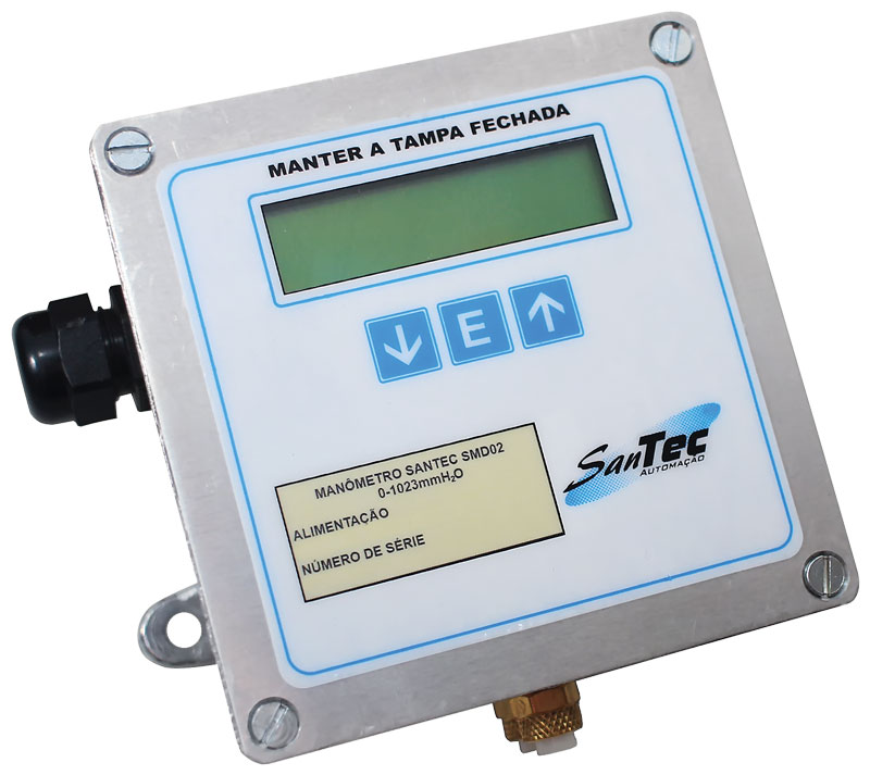 Manômetro digital Santec SMD-02 com display, ideal para controle em sistemas pneumáticos e automação industrial.