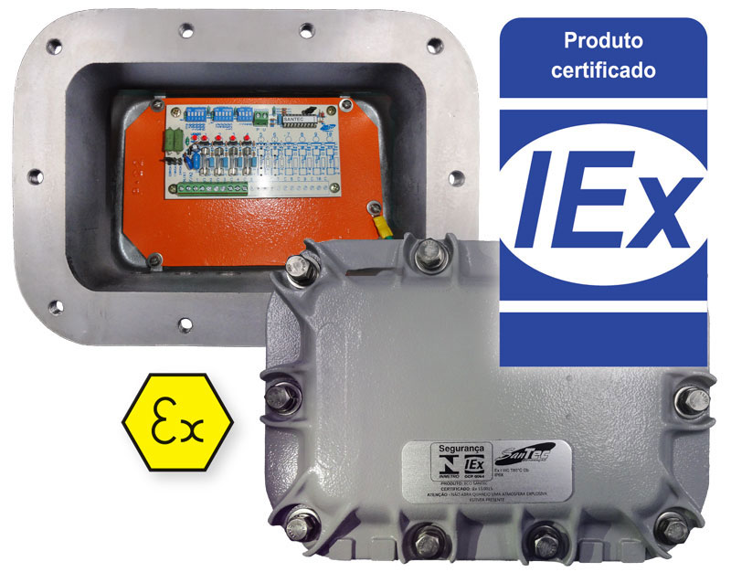 Sequenciador Santec V.3.2CC em caixa EX, ideal para automação industrial e controle de válvulas em sistemas pneumáticos.