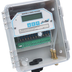 Sequenciador e manômetro Santec V.2.71 em caixa transparente, ideal para controle de pressão em sistemas pneumáticos.
