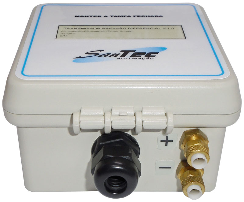 Transmissor de pressão Santec V.1.0M com conexões para controle em sistemas de automação industrial e manometria.