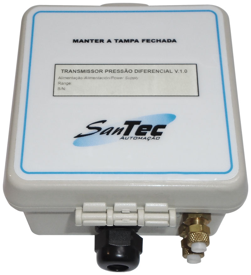 Transmissor de pressão Santec V.1.0M com conexões para automação industrial e comunicação MODBUS RTU.