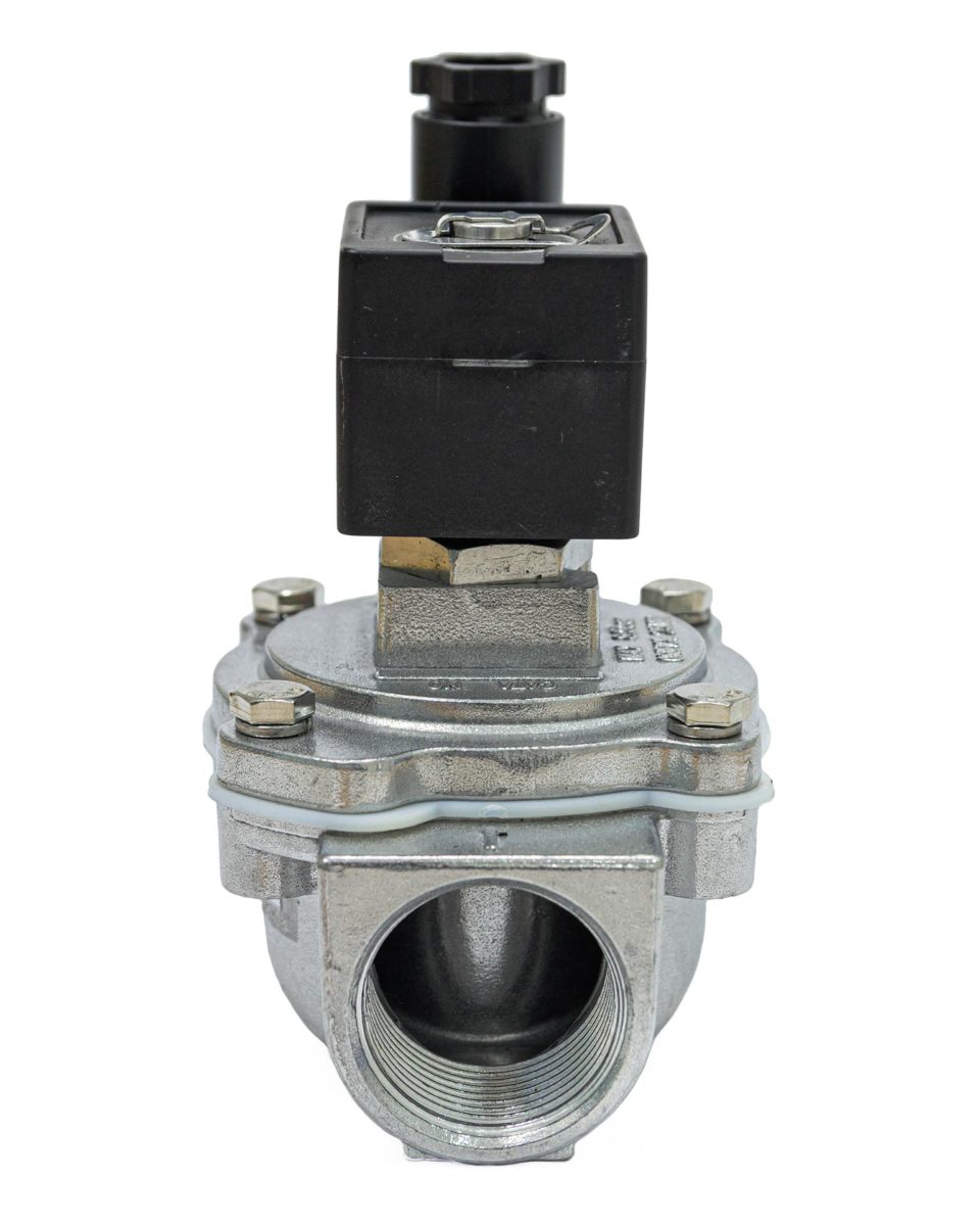 Válvula pneumática de diafragma BSP de 1 pol. para sistemas de exaustão e despoeiramento industrial. Conexão robusta.