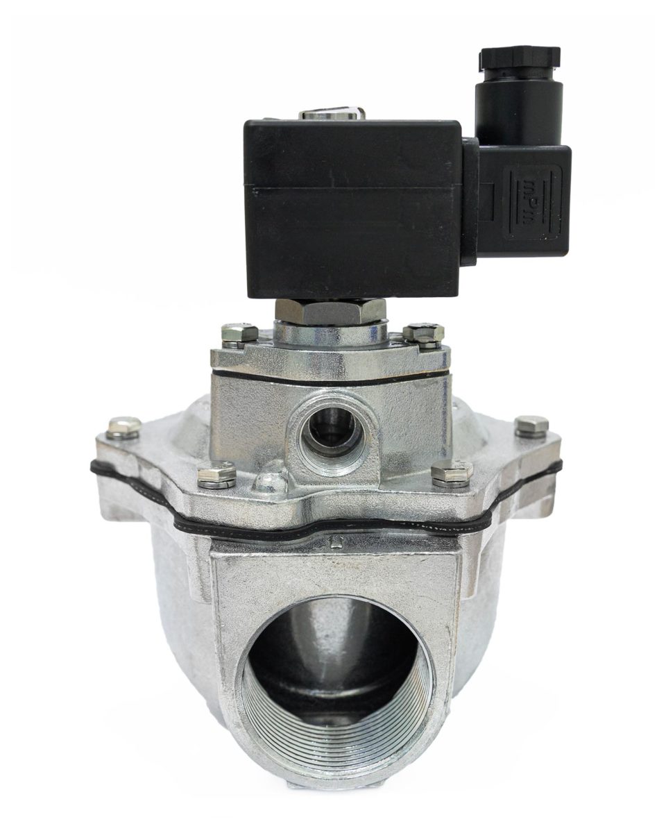 Válvula pneumática de diafragma BSP de 1.½ pol. para controle em sistemas de exaustão e despoeiramento industrial.