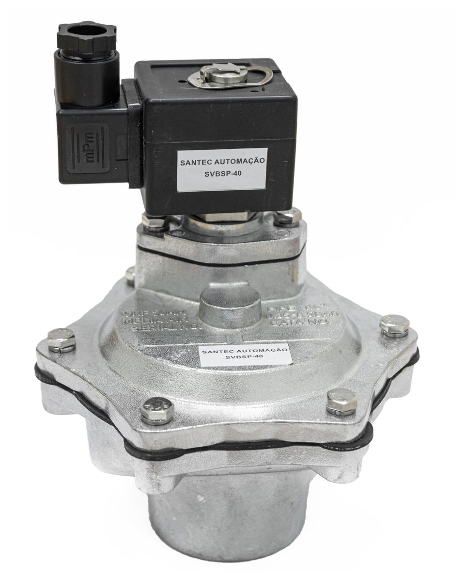 Válvula pneumática de diafragma SVBSP-40 com bobina, ideal para sistemas de exaustão e despoeiramento industrial.