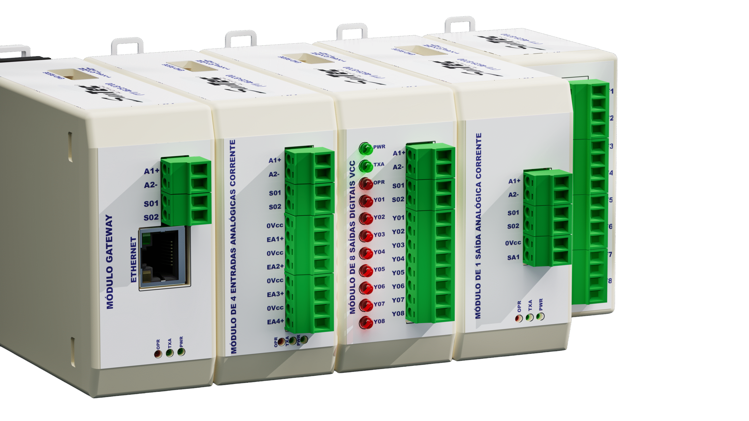 Módulos de entradas e saídas para automação industrial, com conexões e LEDs indicativos, montados em trilho DIN.