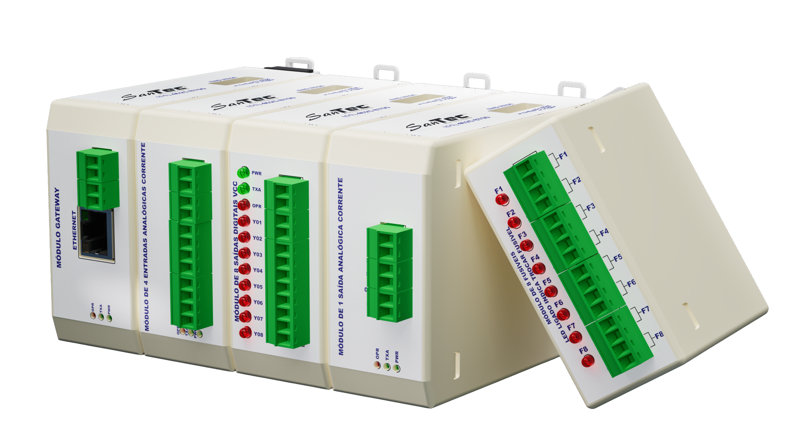 Módulos de entradas e saídas para automação industrial, com conexões para controle de sensores e atuadores.