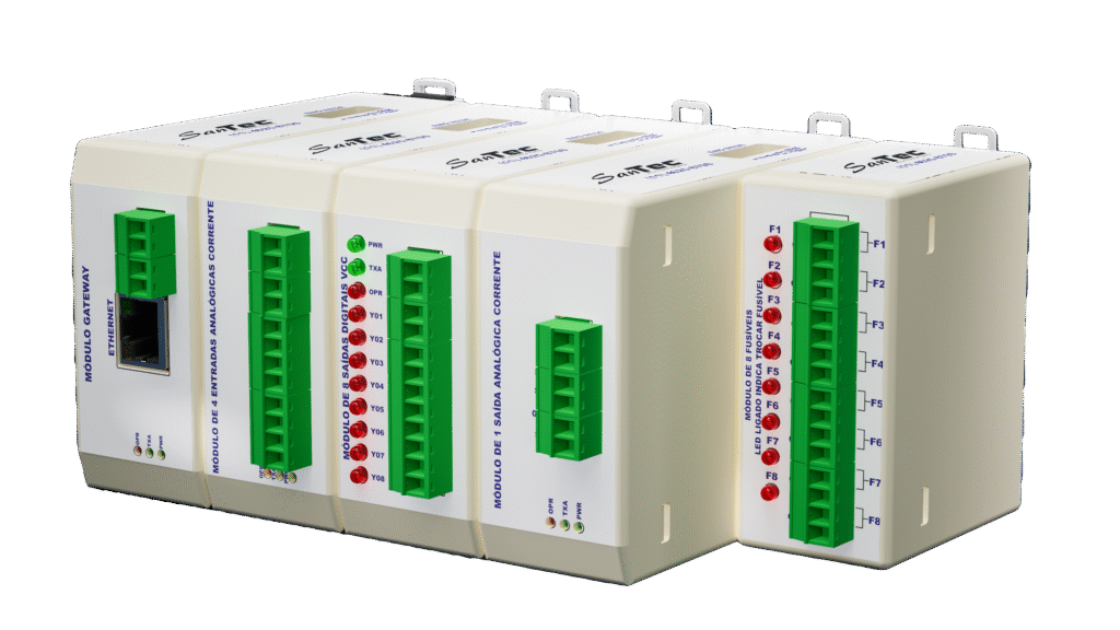 Módulos de entradas e saídas para automação industrial, com conexões e indicadores LED em trilho DIN.