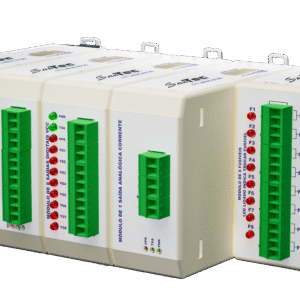 Módulos de entradas e saídas para automação industrial, com conexões e indicadores LED em trilho DIN.