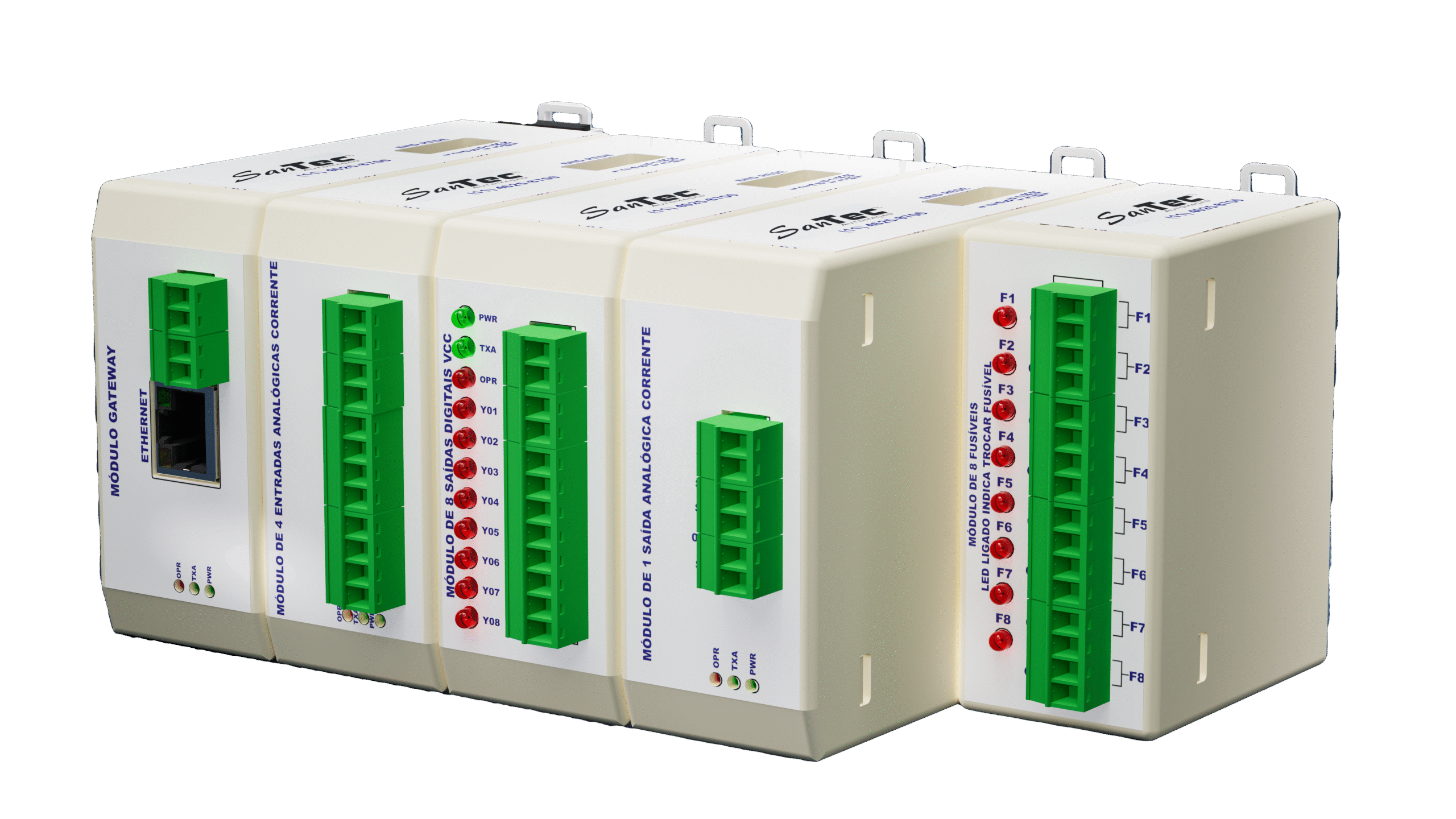 Módulos de entradas e saídas para automação industrial, com conexões e indicadores LED em trilho DIN.