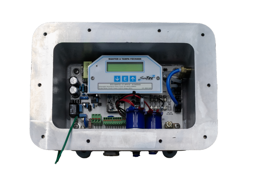 Controlador ECO Santec V7 com válvulas integradas para automação industrial e controle pneumático de sistemas.
