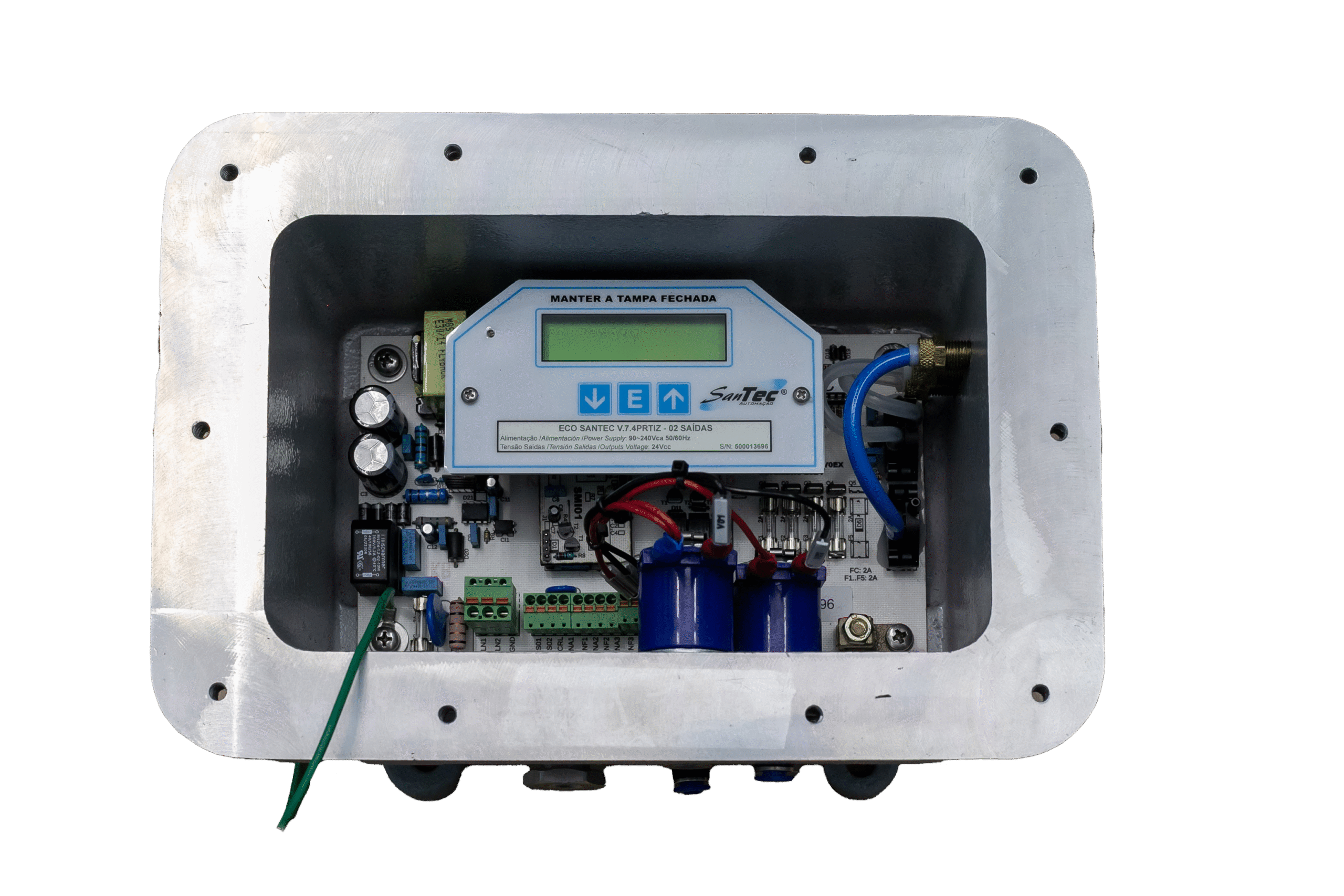 Controlador ECO Santec V7 com válvulas integradas para automação industrial e controle pneumático de sistemas.