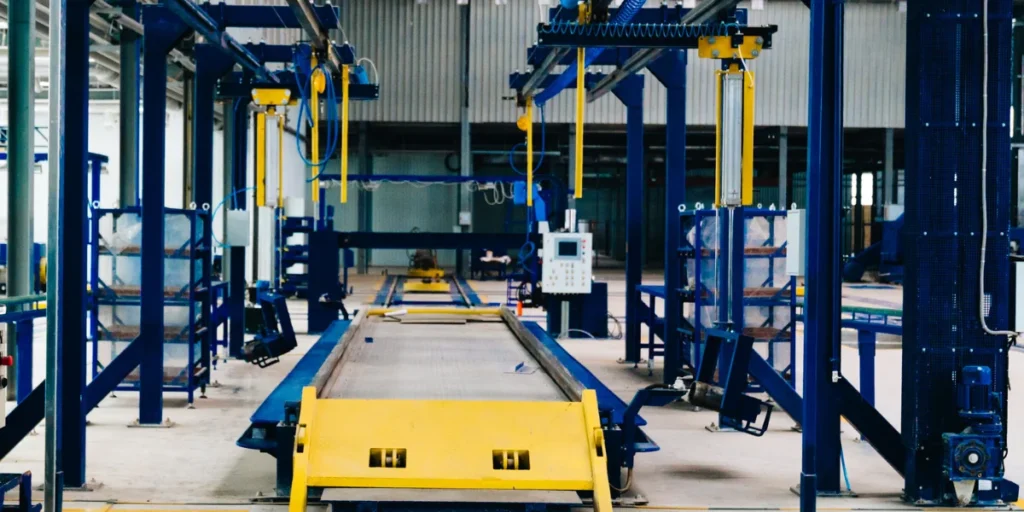 Sistema de automação industrial com estrutura modular, incluindo trilhos, equipamentos e sensores para controle de…