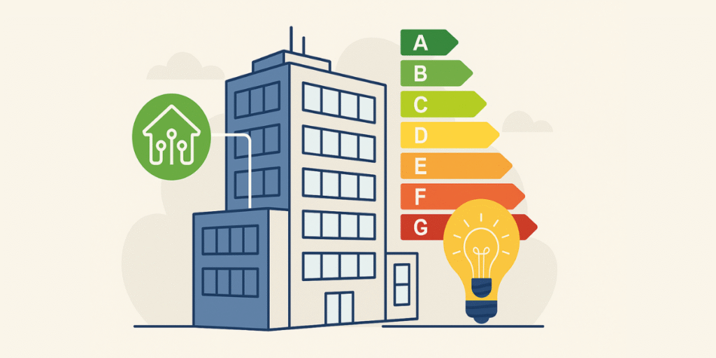 Imagem ilustrativa de um edifício com ícone de automação e gráfico de eficiência energética, representando…