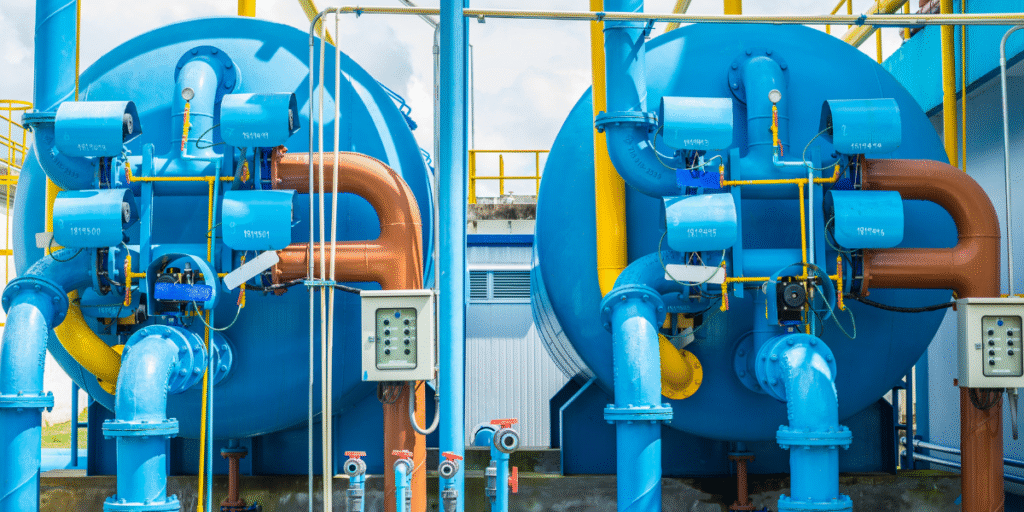 Sistema de automação industrial em ETA com tubulações, válvulas e painéis de controle para tratamento de água.