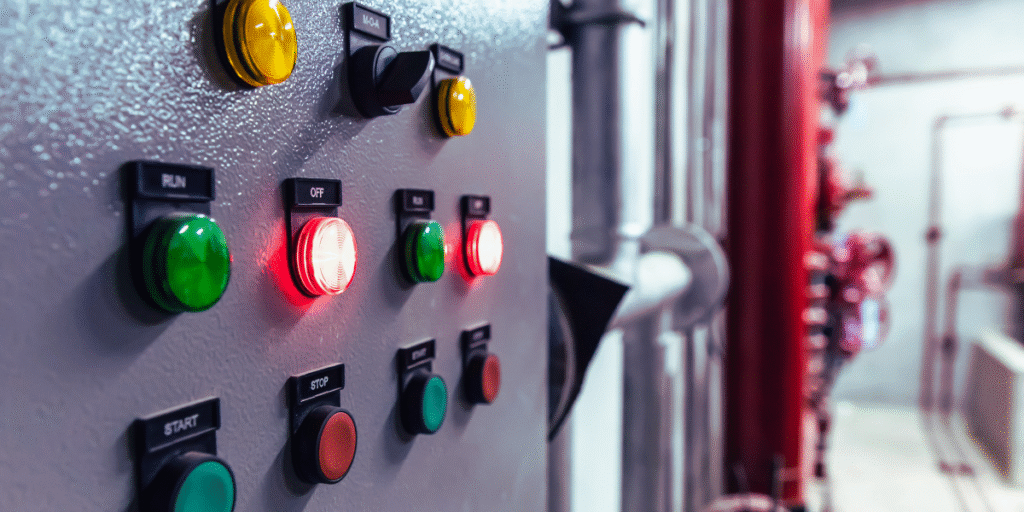 Painel de comando industrial com botões luminosos em ambiente operacional, controlando sistemas de automação e…