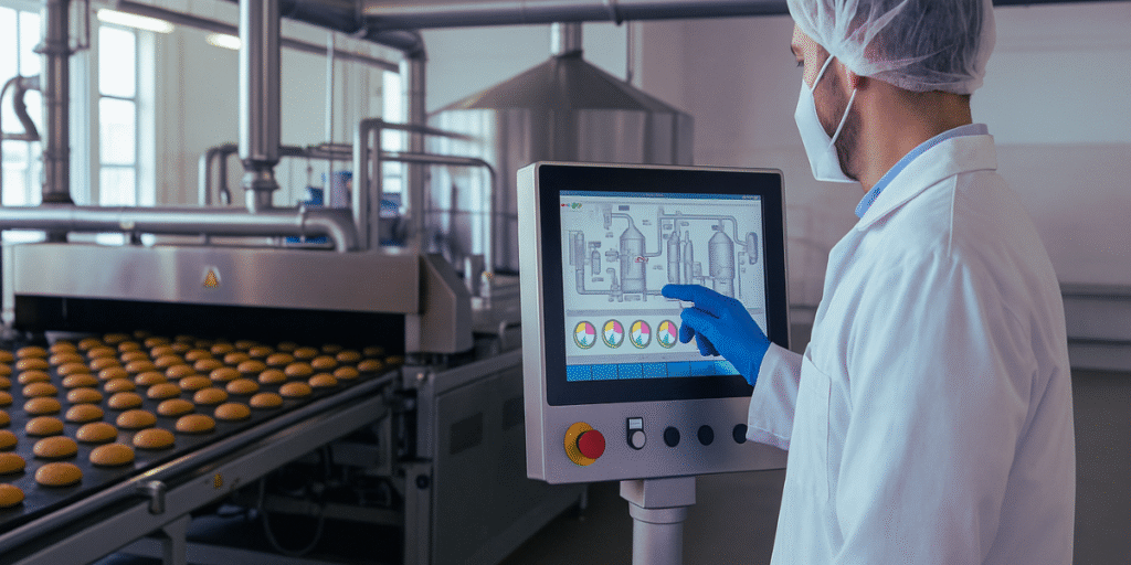 Operador ajustando controle digital em linha de produção de pães, destacando automação industrial e equipamentos.