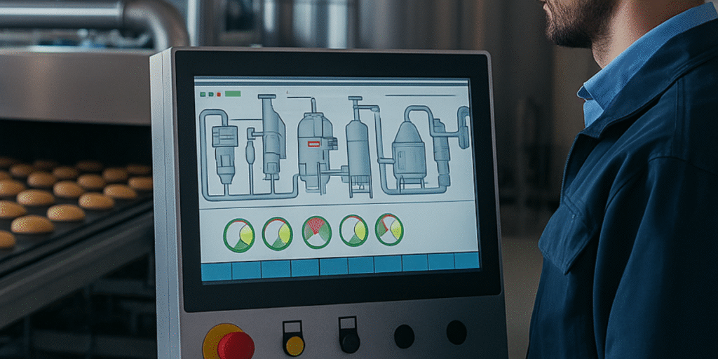 Painel de controle de automação industrial em linha de produção de alimentos, com sensores e válvulas visíveis.