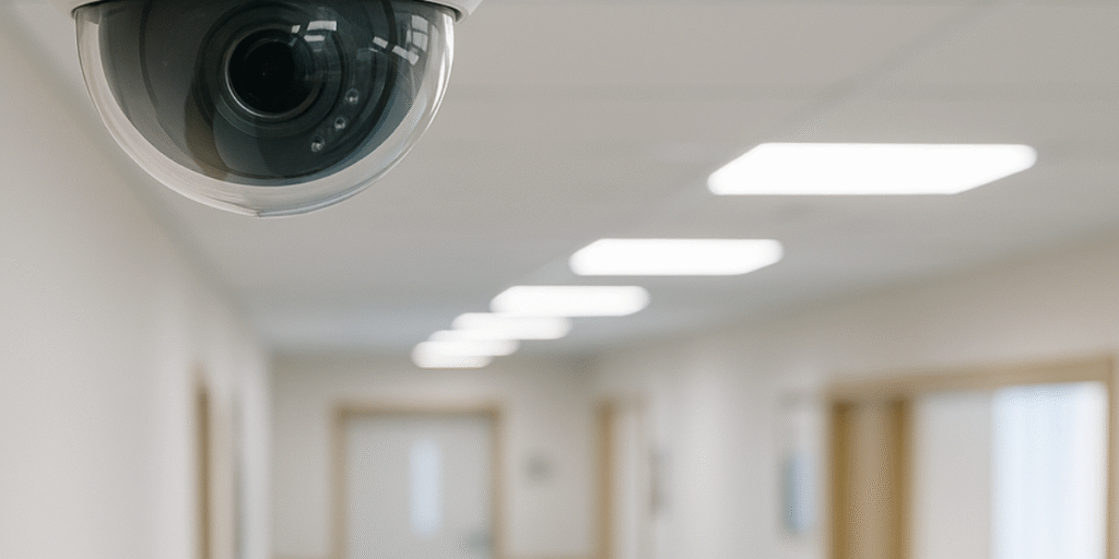 Câmera de segurança dome instalada em corredor hospitalar, parte do sistema de automação e controle de segurança.