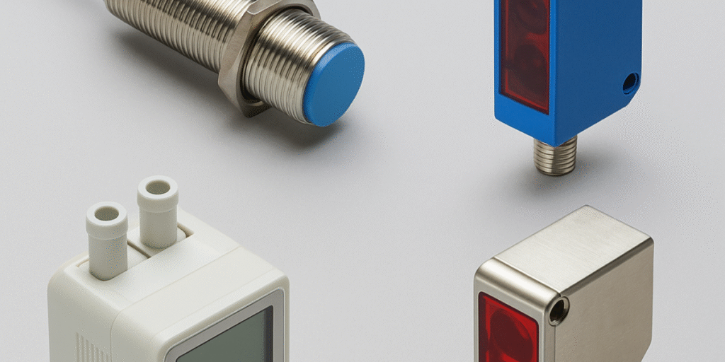 Quatro sensores industriais: proximidade, temperatura, pressão e fotoelétrico, essenciais para automação e controle de...