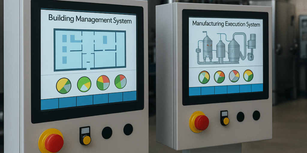 Painel de controle digital exibindo a integração de sistemas de Building Management System (BMS) e Manufacturing Execution System (MES), representando alta tecnologia e eficiência em automação industrial.