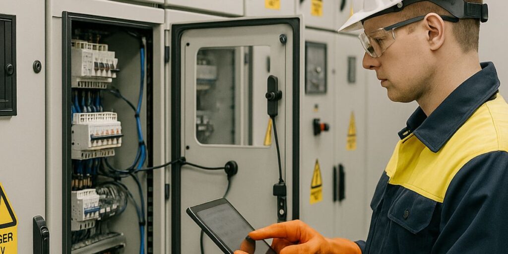 Técnico inspecionando painel de controle de automação industrial com tablet, verificando sistemas de segurança e…