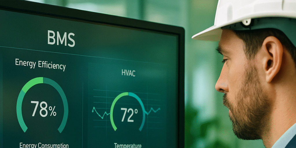 Homem analisando painel BMS com dados de eficiência energética e HVAC em ambiente industrial.