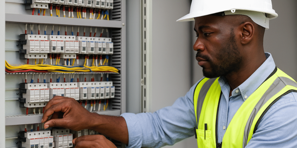 Técnico ajustando painéis elétricos industriais, destacando segurança e eficiência em automação e controle de siste...