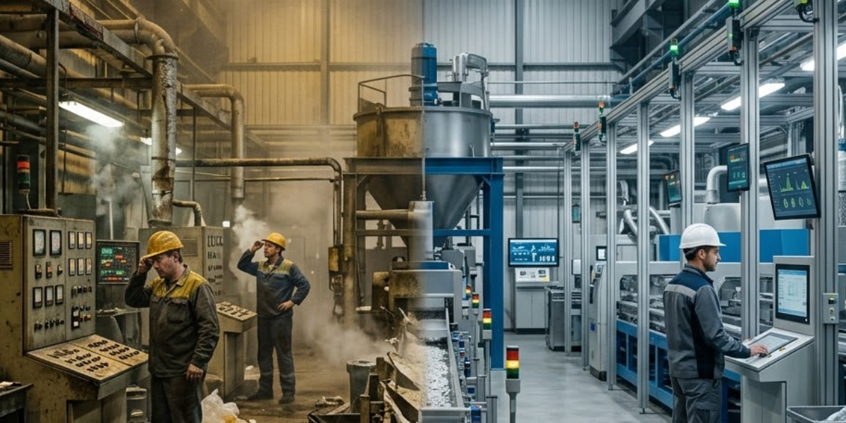 Controle automatizado na geração de resíduos representado por ambiente industrial dividido entre processo antigo com desperdício, poeira e operação manual e área moderna com automação, sensores e controle digital eficiente.