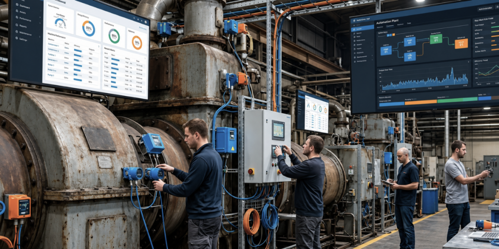 Retrofit inteligente em planta industrial com operadores ajustando sensores e painel de controle em equipamento existente, modernizando o sistema sem substituição total