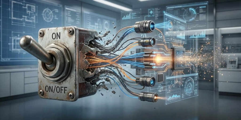 chave liga/desliga industrial se transformando em sistema inteligente com sensores, dados e automação representando exaustão industrial orientada por dados