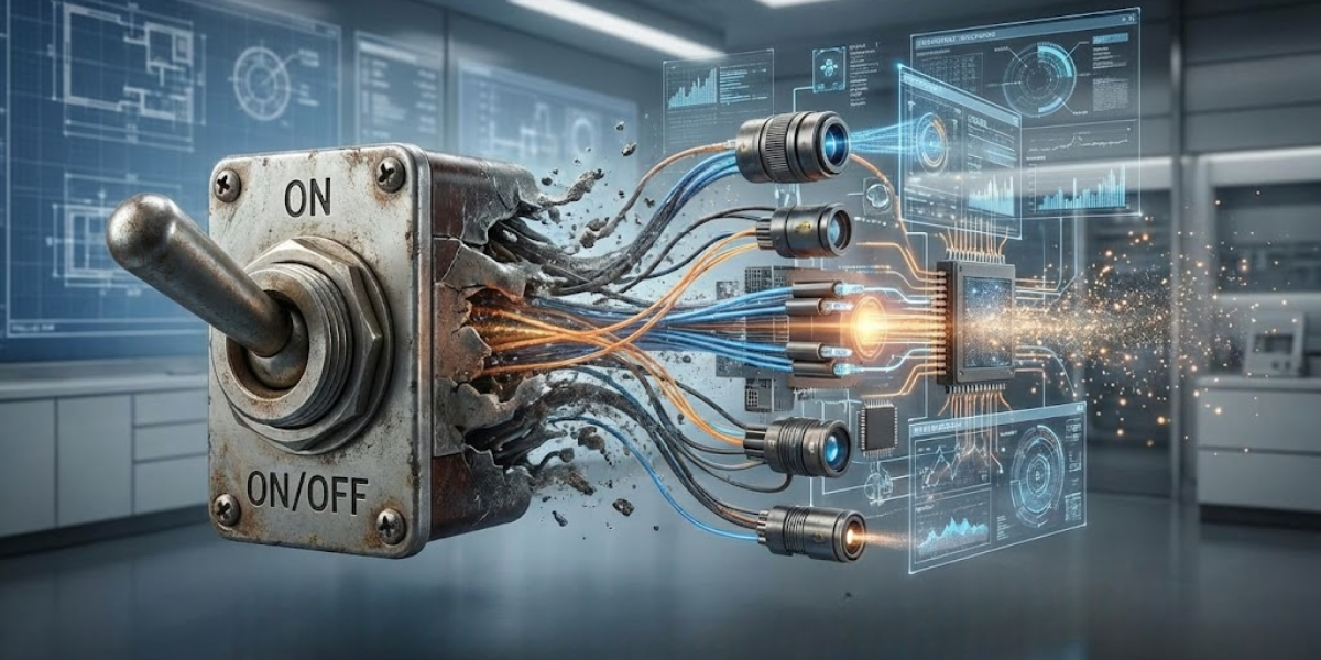 chave liga/desliga industrial se transformando em sistema inteligente com sensores, dados e automação representando exaustão industrial orientada por dados