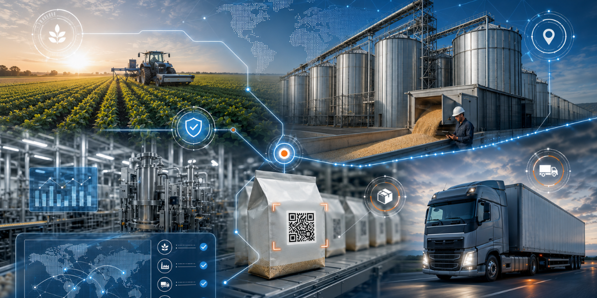 Imagem sobre rastreabilidade no agronegócio, mostrando campo, silos, linha de processamento, embalagem com QR code, caminhão de expedição e conexões digitais de dados.
