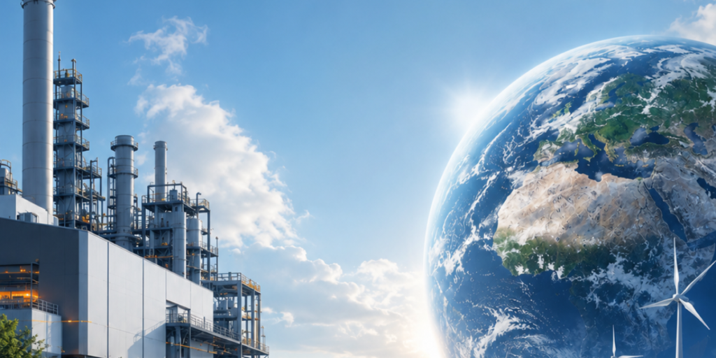 Engenharia industrial na descarbonização das fábricas representada por planta industrial, planeta Terra, energia eólica e painéis solares.